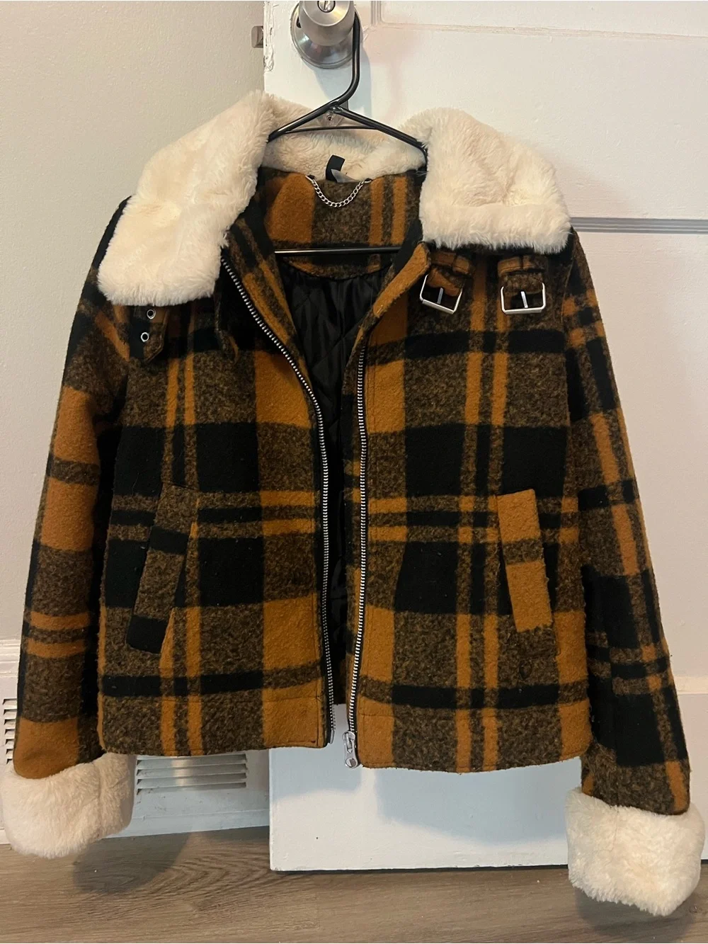 H&M Faux Shearling Detail Wool Jacket in Plaid